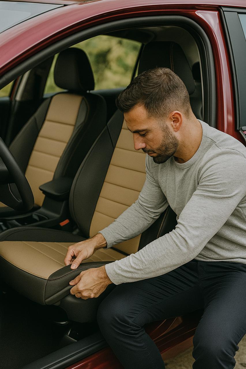 Technician fitting leather seat covers